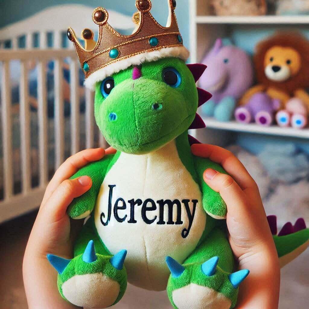 Le prenom jeremy sur une peluche dinosaure avec une couronne dans les mains dun enfant 1 1 1