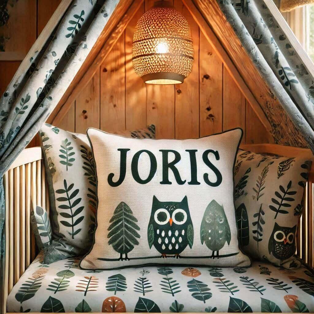 Le prenom joris ecrit sur un coussin avec un lit cabane sur le theme de la foret les draps et les rideaux sont des motifs de feuilles de hibou lampe en rotin tamisee