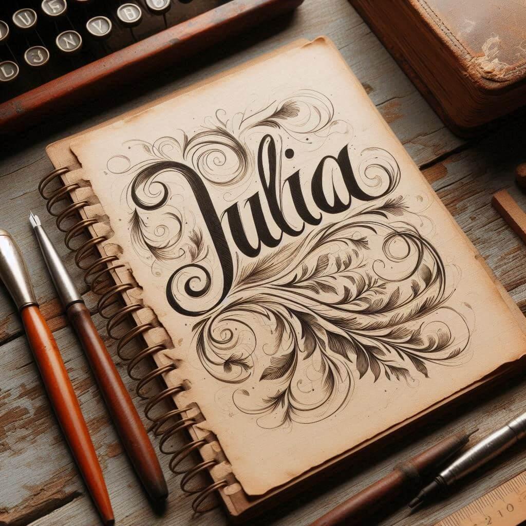 Le prenom julia ecrit joliment en calligraphie sur un ancien carnet