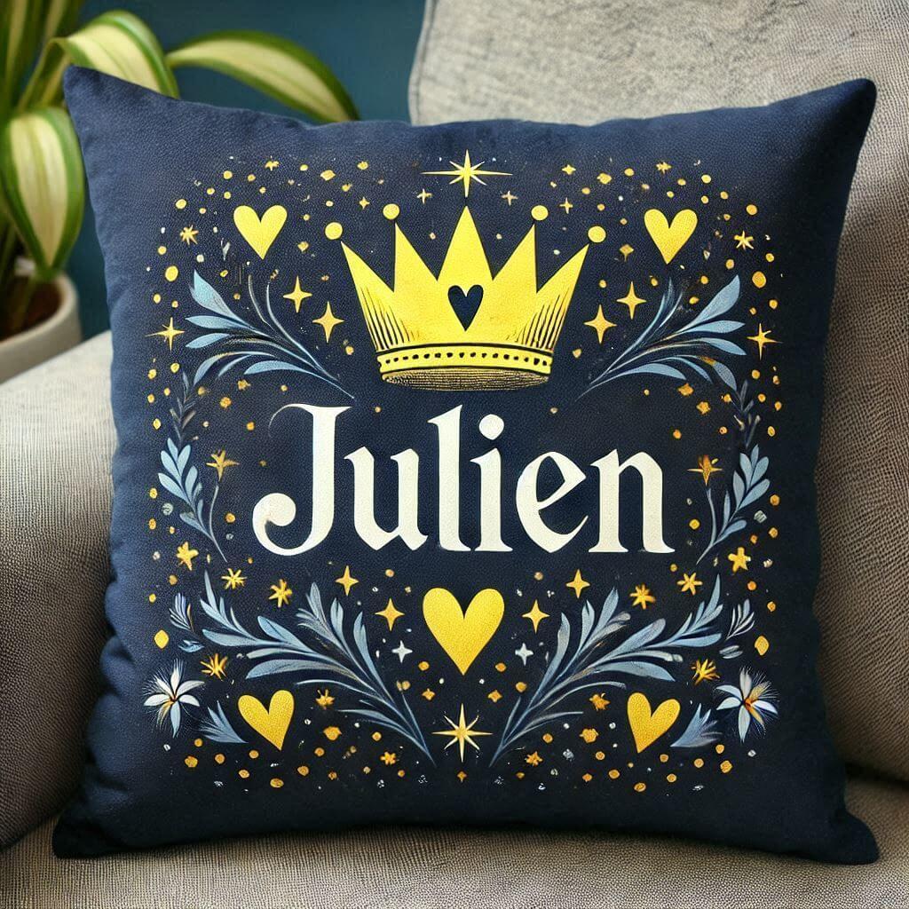 Le prenom julien sur un coussin bleu nuit avec des coeurs jaunes 1