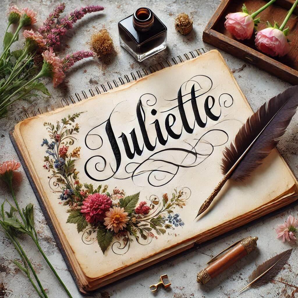 Le prenom juliette ecrit dans un carnet ancien avec calligraphie