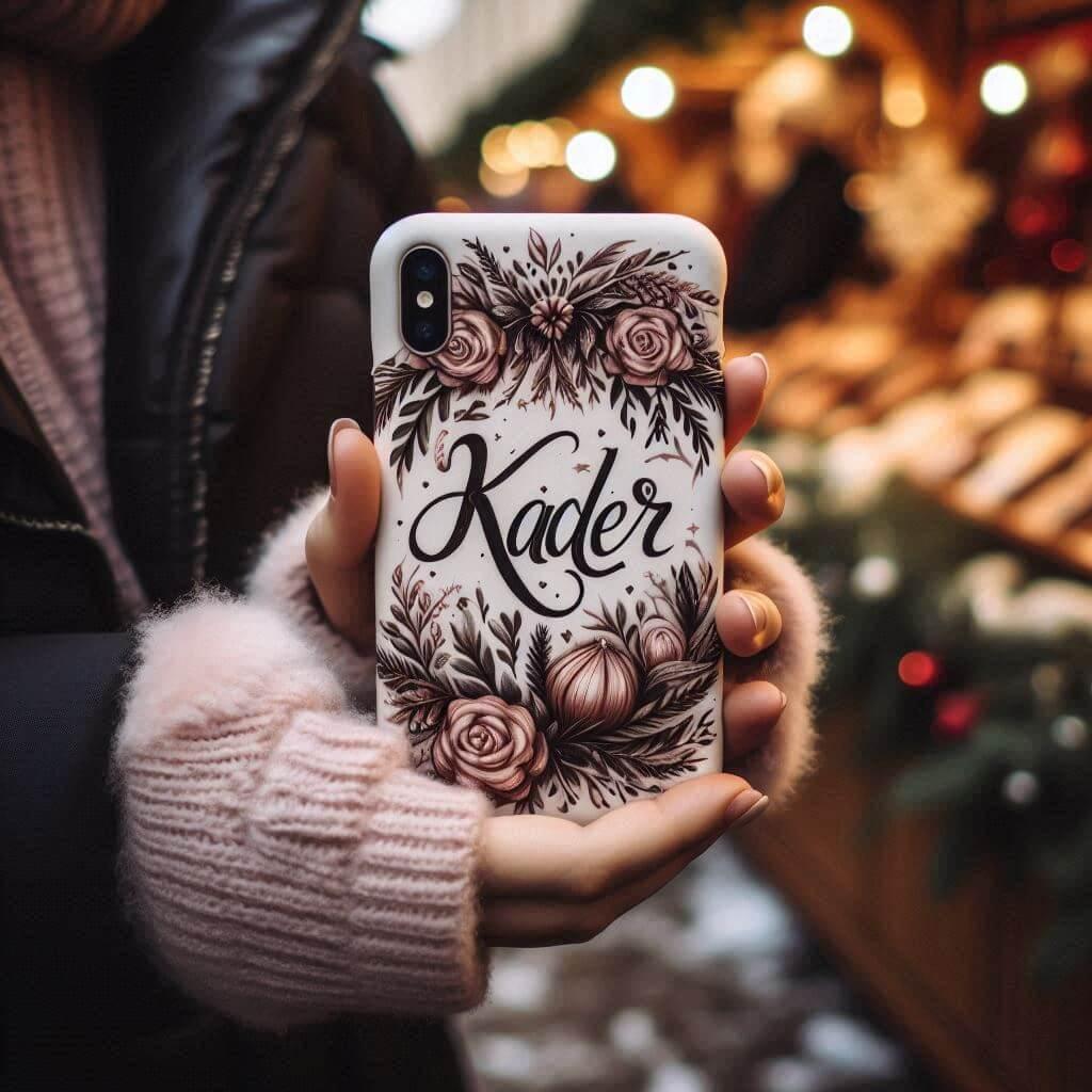 Le prenom kader ecrit en calligraphie sur une coque de telephone motif fleuri dans les mains dune femme au marche de noel