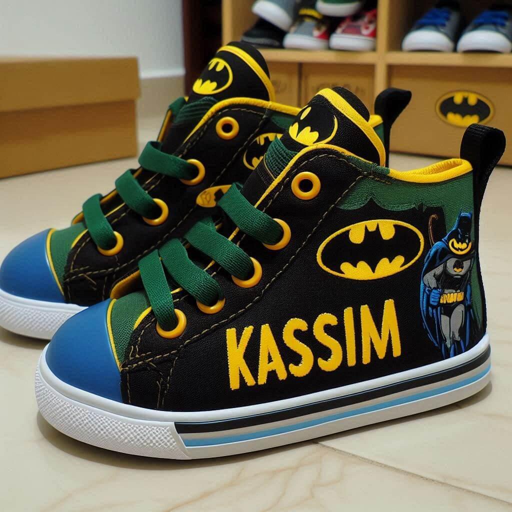 Le prenom kassim ecrit sur des baskets denfant theme batman