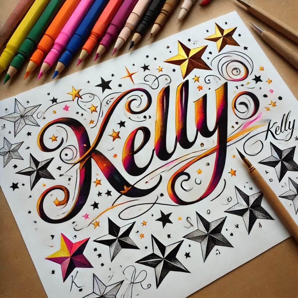 Le prenom kelly en calligraphie sur un papier avec des dessins et des etoiles dessines de toutes les couleurs 1