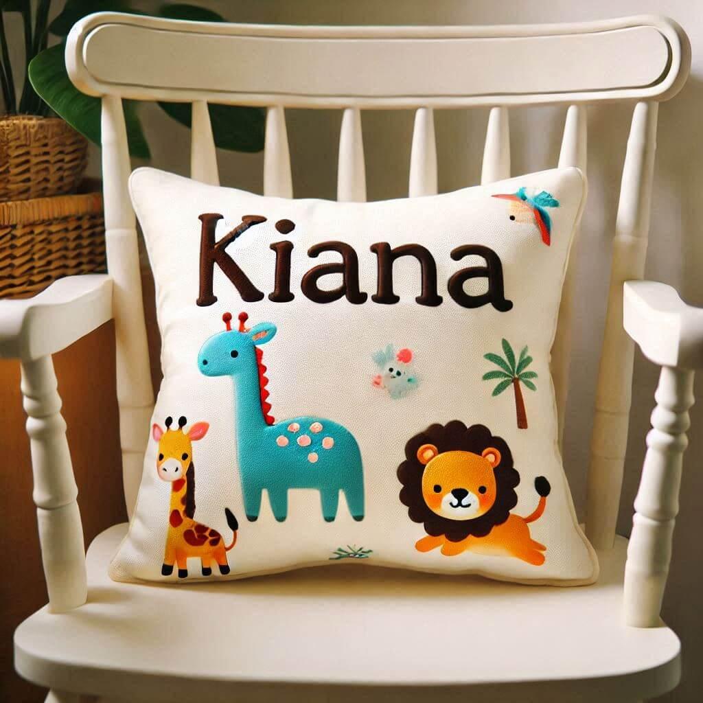 Le prenom kiana sur un coussin denfant avec des motifs animaux pose sur une chaise