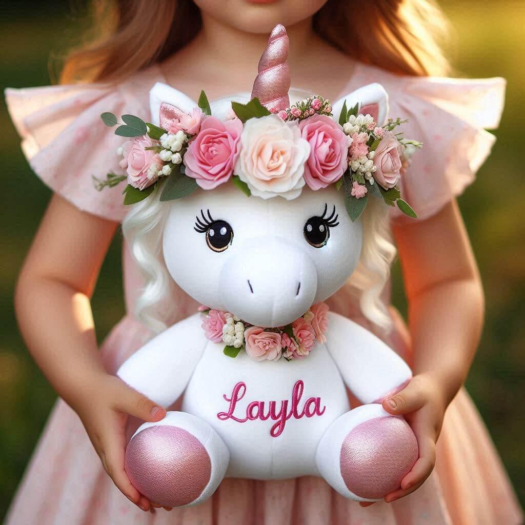 Le prenom layla sur une peluche licorne avec une couronne de fleur dans les mains d une petite fille 1