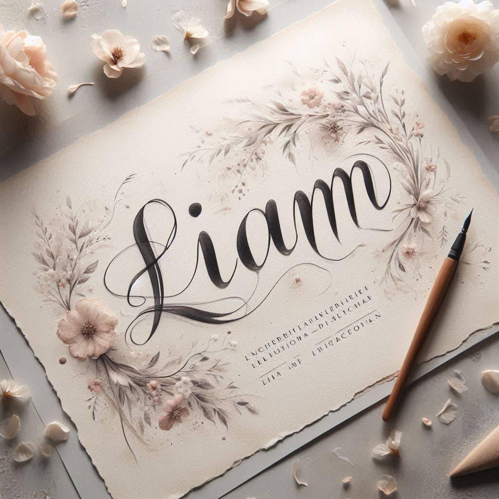 Le prenom liam ecrit en calligraphie sur un papier