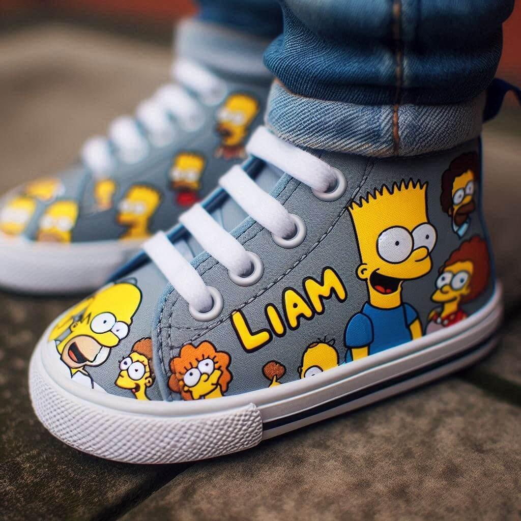 Le prenom liam ecrit sur des baskets d enfant porte par un petit garcon motifs homer simpsons