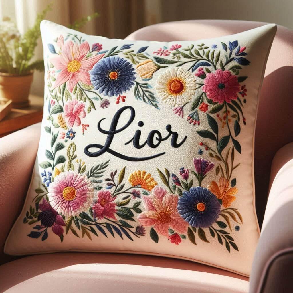 Le prenom lior sur un coussin personnalise fleuri