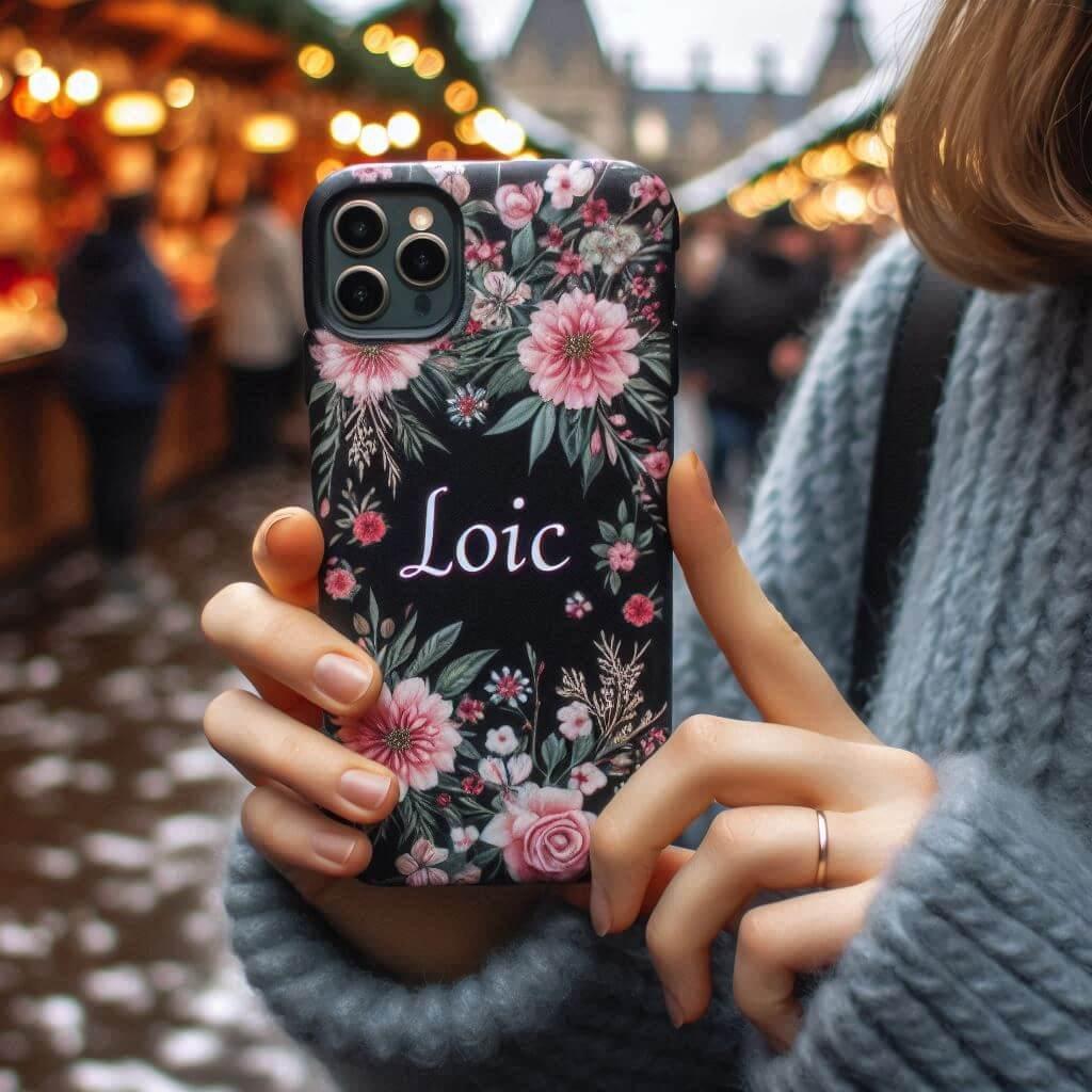 Le prenom loic ecrit sur une coque de telephone theme fleuri dans les mains d une femme au marche de noel 1