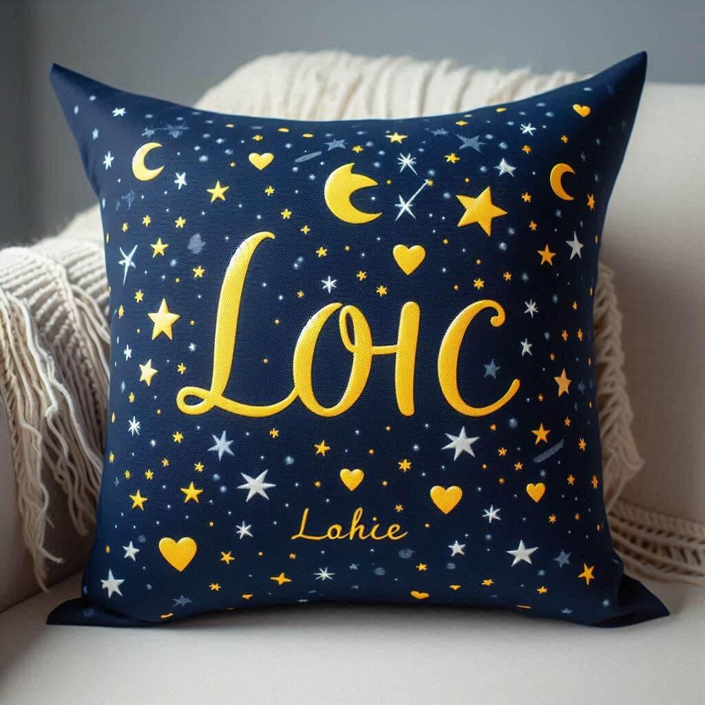 Le prenom loic sur un coussin bleu nuit avec des c urs jaunes et des etoiles 2