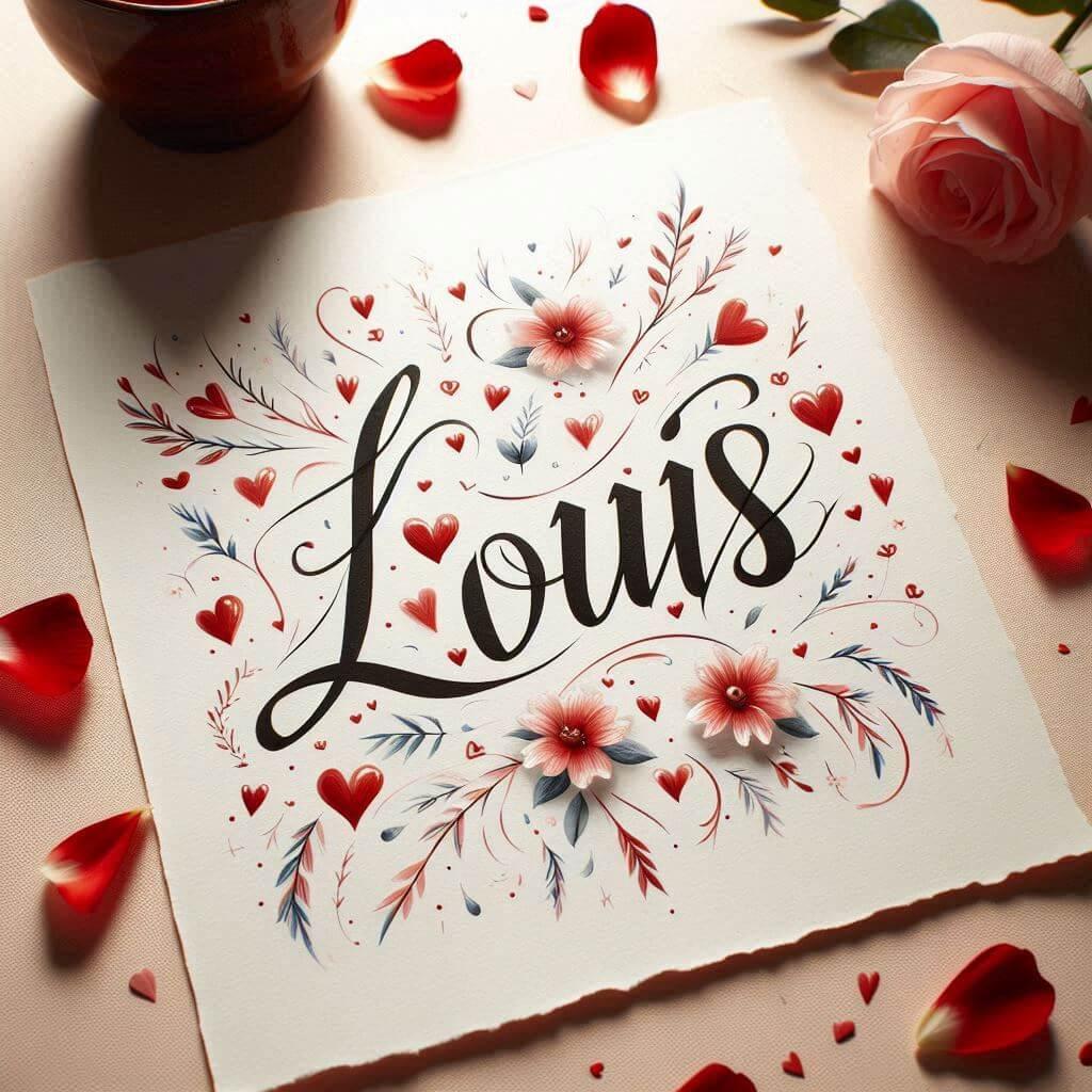 Le prenom louis ecrit en calligraphie sur un papier avec des c urs dessines en rouge