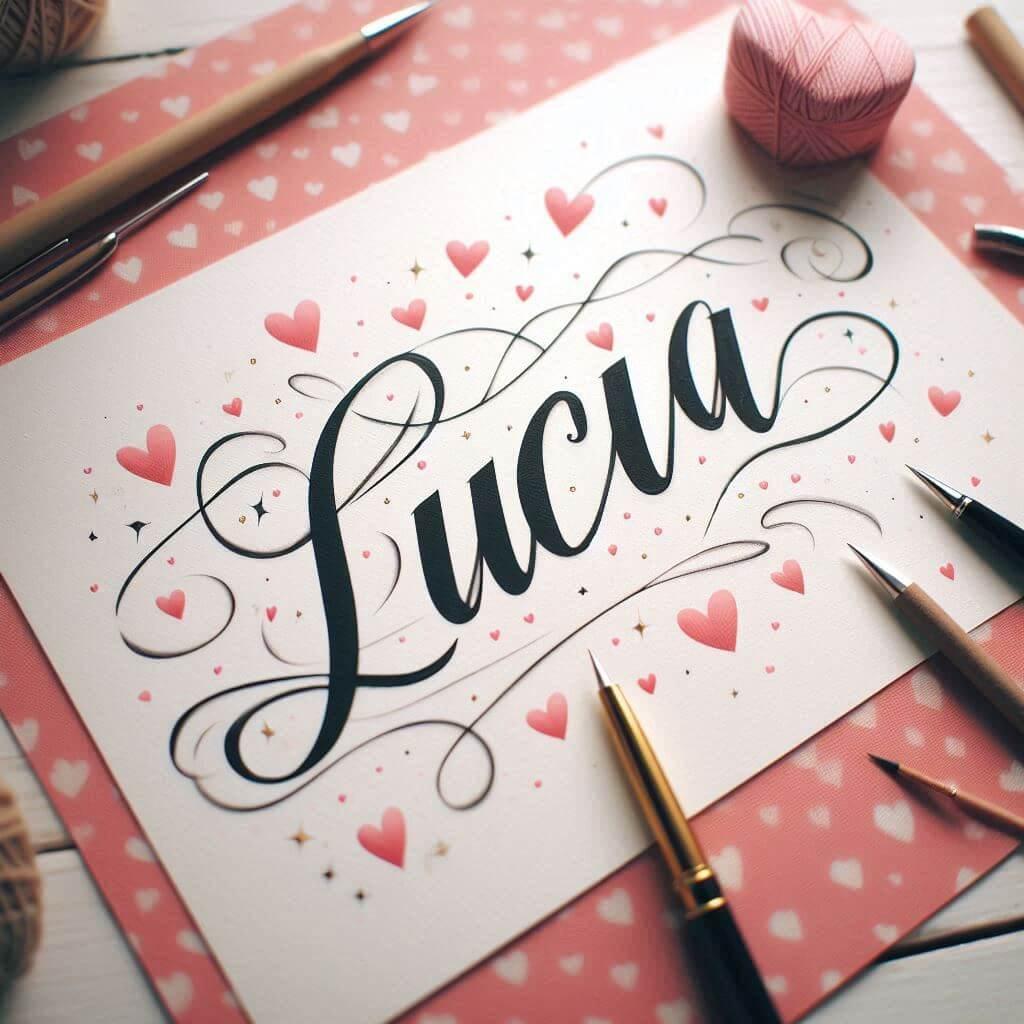 Le prenom lucia ecrit joliment en calligraphie sur un papier avec des coeurs 1