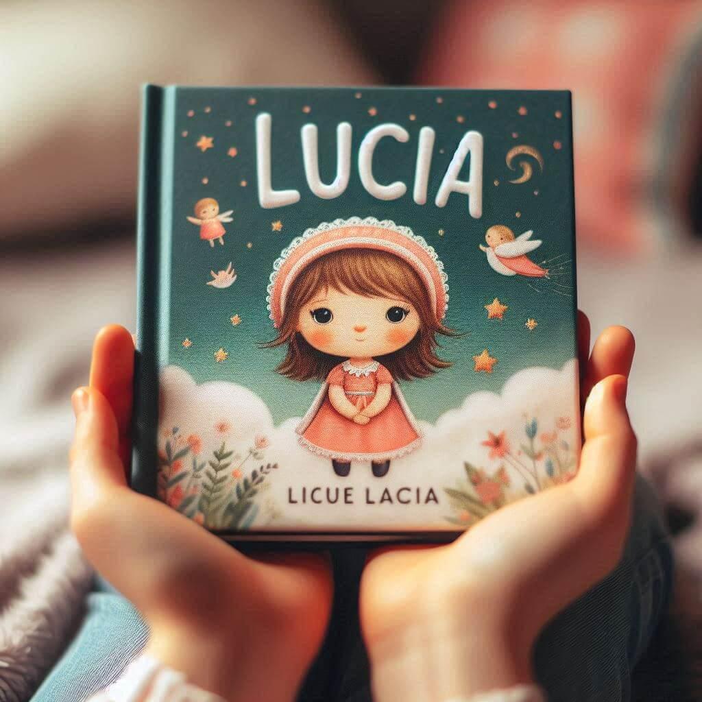 Le prenom lucia sur une couverture de livre pour enfant dans les mains d une petite fille 1 1