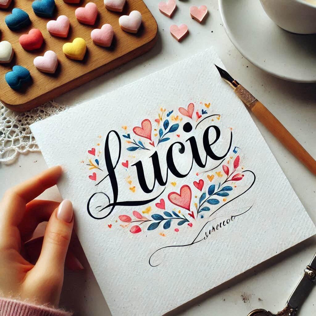 Le prenom lucie ecrit joliment en calligraphie sur un bout de papier avec des coeurs de toutes les couleurs