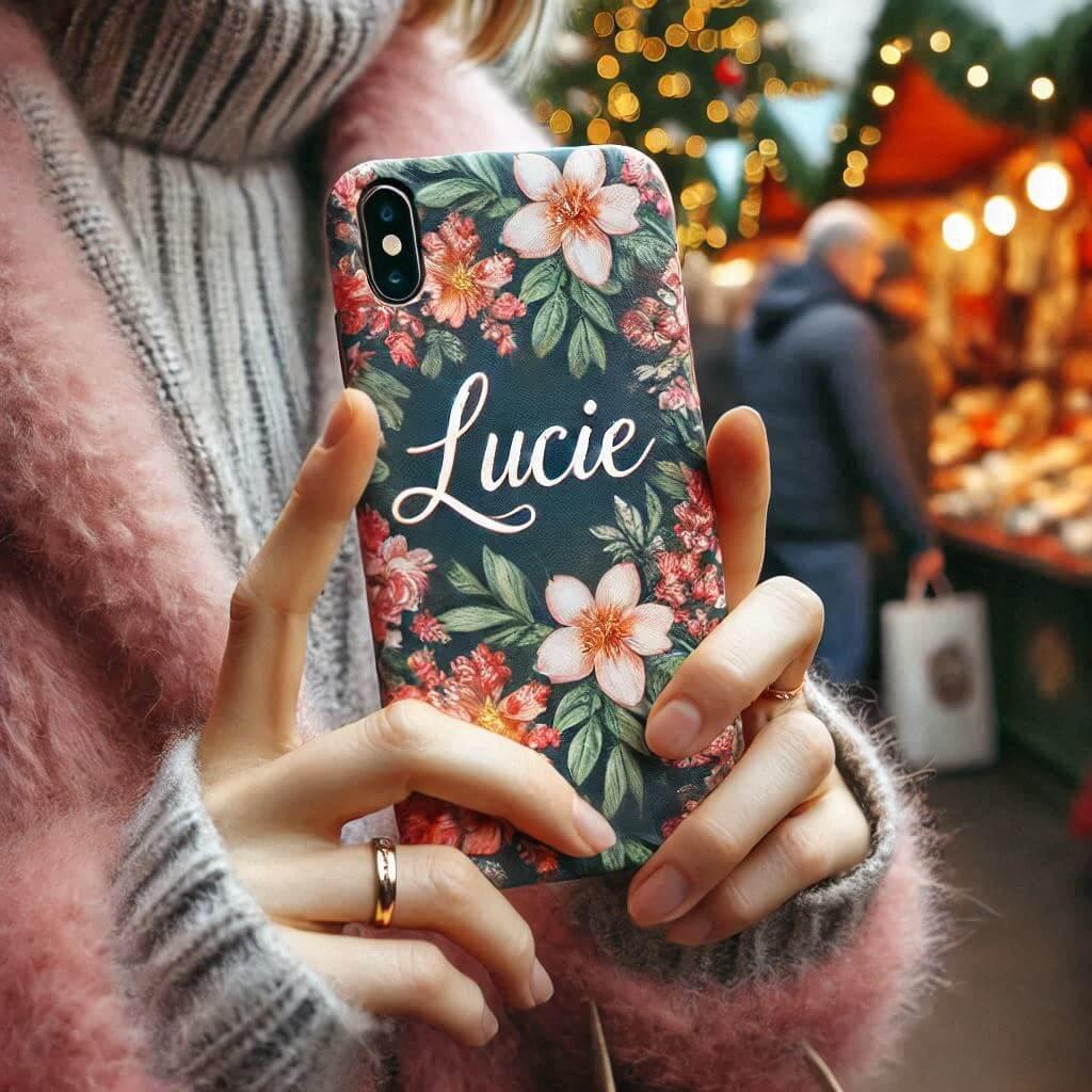 Le prenom lucie ecrit sur une coque de telephone theme fleuri dans les mains d une femme au marche de noel 1