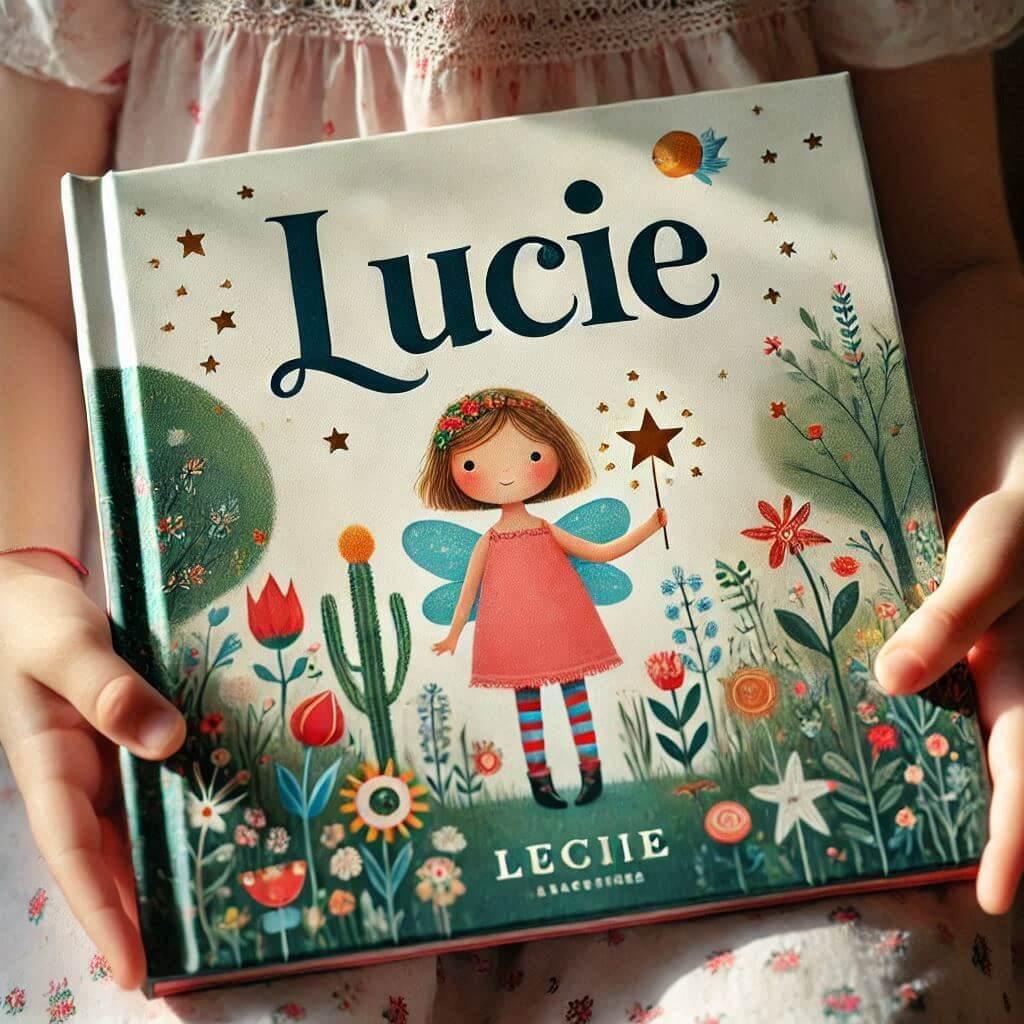 Le prenom lucie sur une couverture dun livre pour enfant dans les mains dun enfant 1