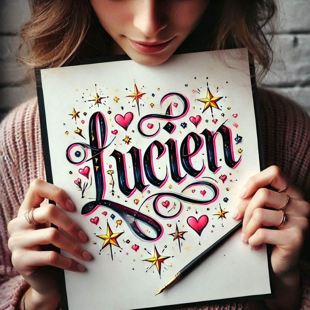 Le prenom lucien en calligraphie avec des coeurs et des etoiles dessine en couleur avec les mains d une femme