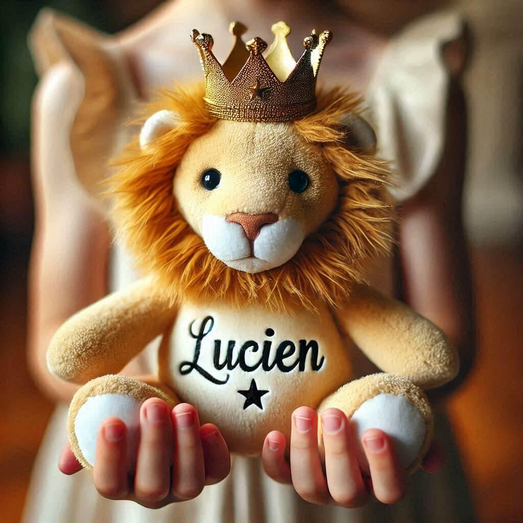 Le prenom lucien sur une peluche lion avec une couronne dans les mains dun enfant 1