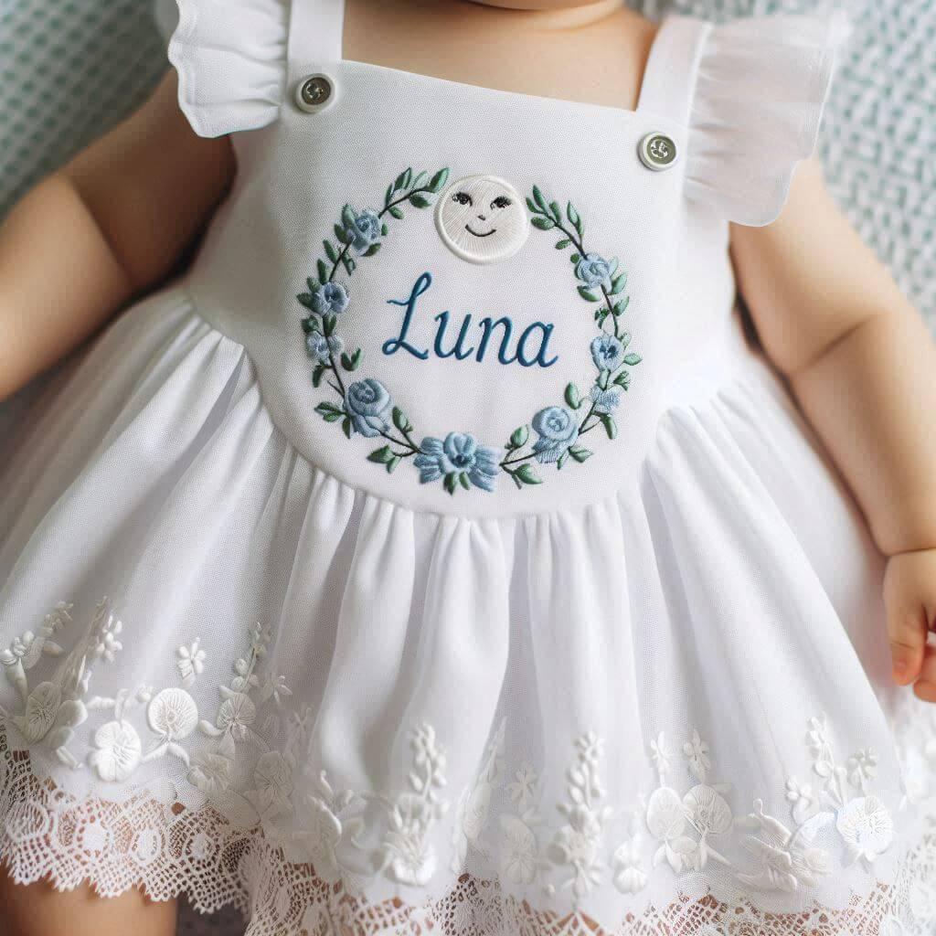 Le prenom luna brode sur la robe dete dun bebe photo professionnelle portee par une petite fille 2