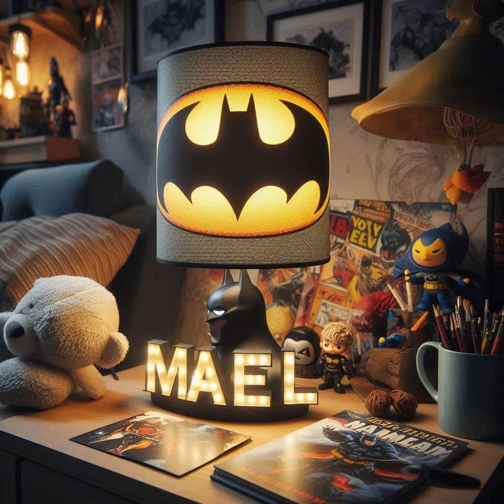 Le prenom mael ecrit sur une lampe batman 1