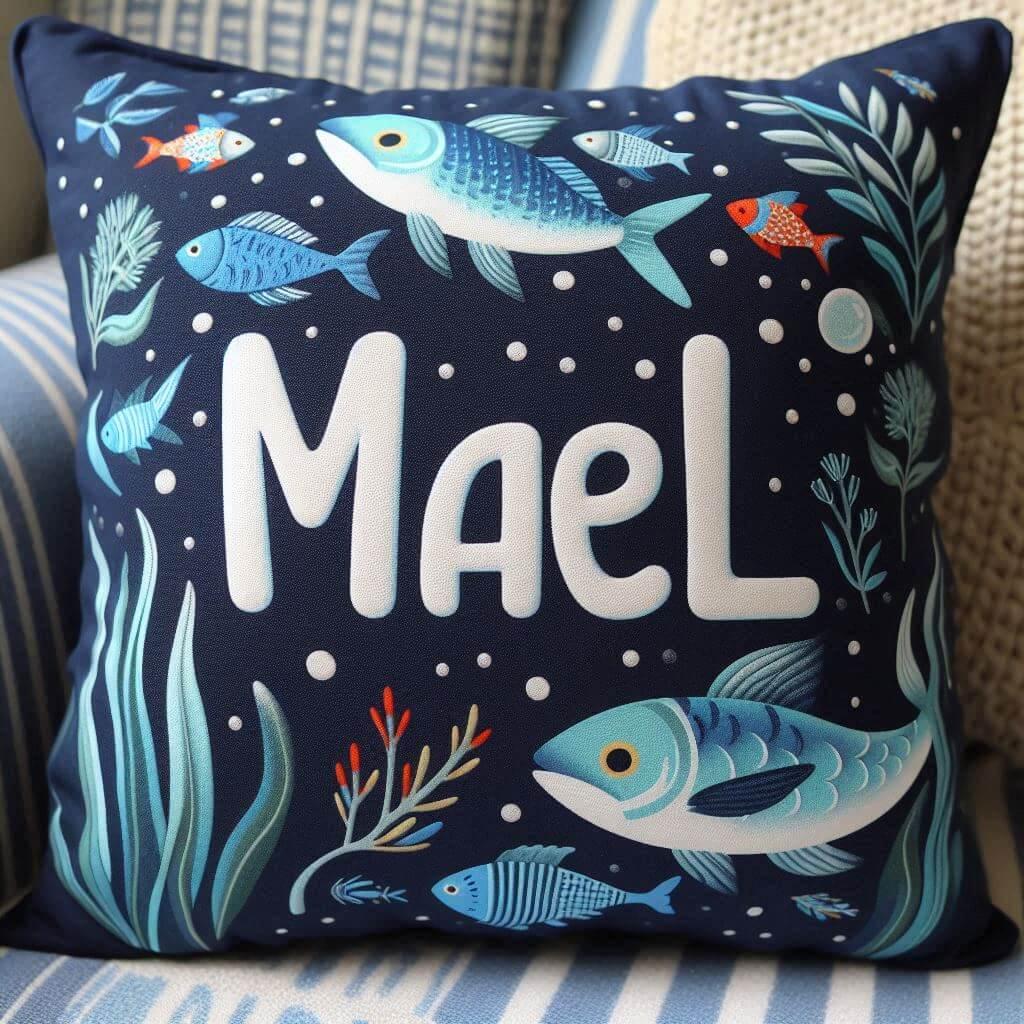 Le prenom mael sur un coussin couleur bleu marin avec des motifs poissons 1