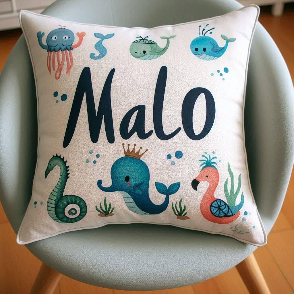 Le prenom malo sur un coussin denfant avec des motifs animaux marins pose sur une chaise 1