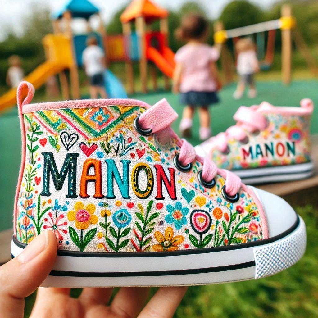 Le prenom manon ecrit sur des baskets de petite fille