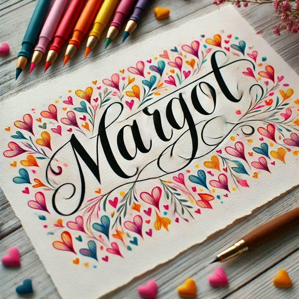 Le prenom margot ecrit joliment en calligraphie sur un bout de papier avec des coeurs de toutes les couleurs dessines