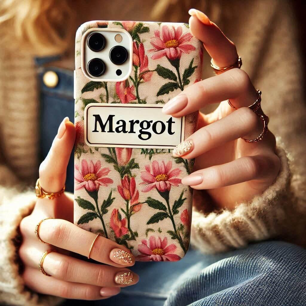 Le prenom margot sur une coque de telephone style fleuri dans les mains d une femme 1