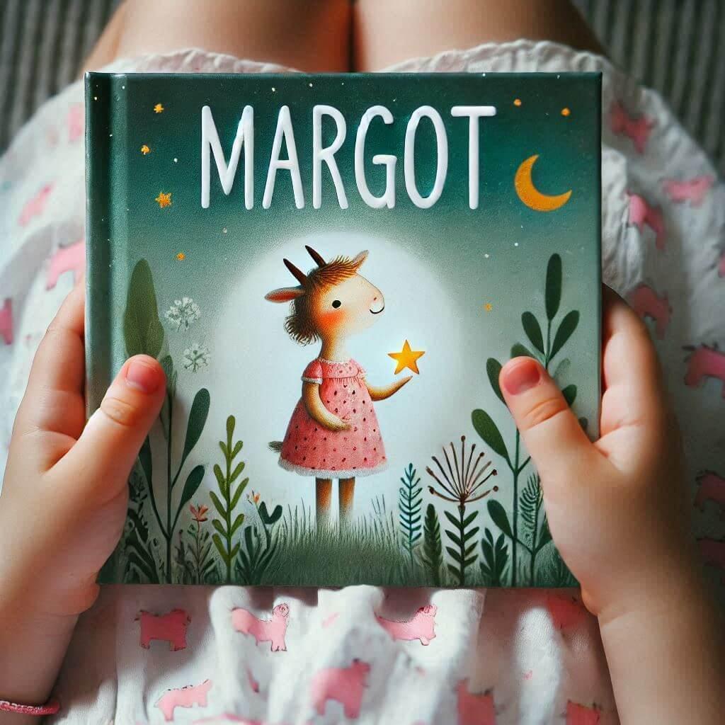 Le prenom margot sur une couverture dun livre pour enfant dans les mains dun enfant 1