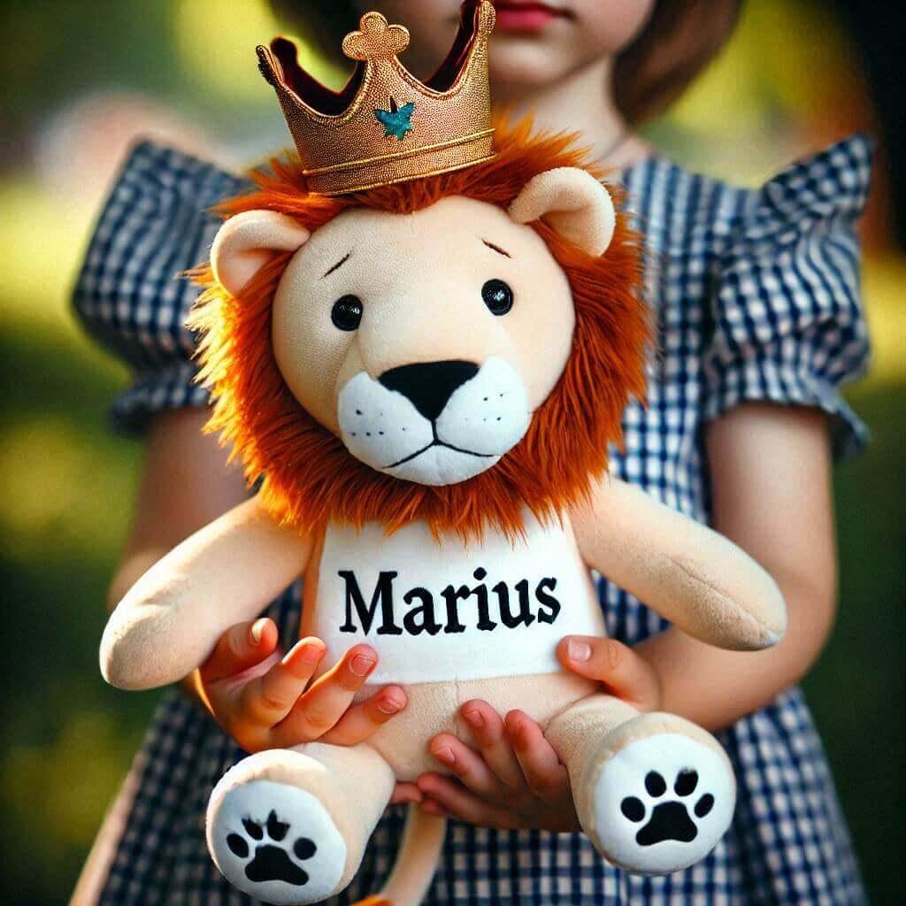 Le prenom marius sur une peluche lion avec une couronne dans les mains dun enfant 1