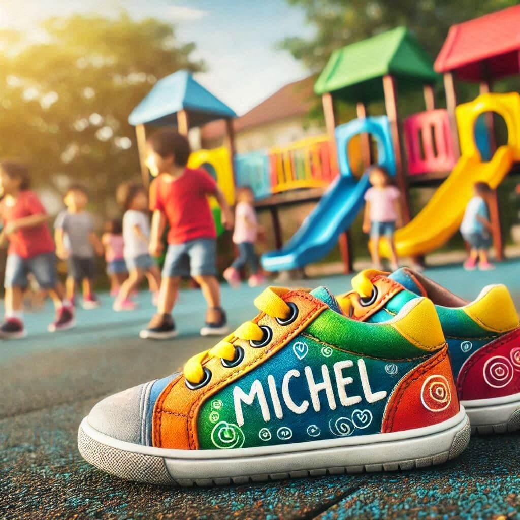 Le prenom michel ecrit sur des baskets d enfant