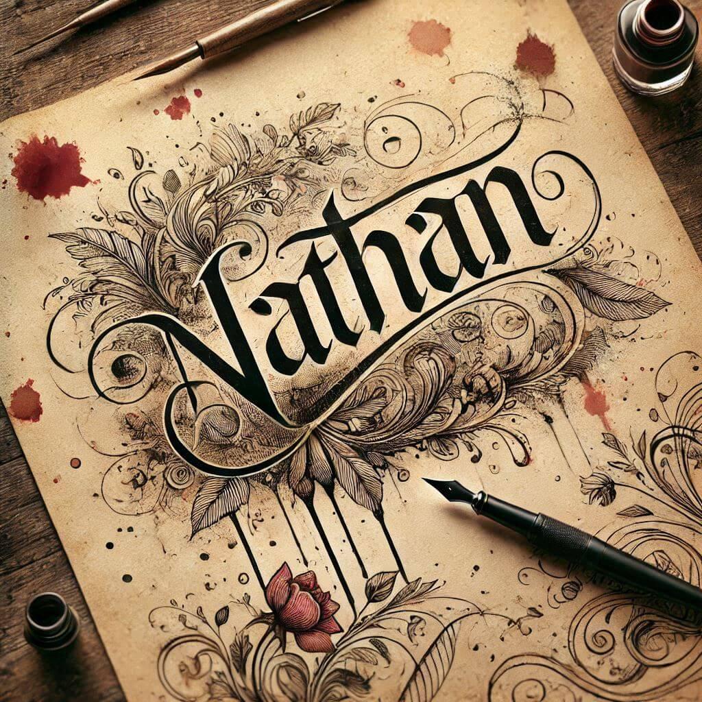 Le prenom nathan ecrit dans un carnet ancien avec calligraphie 1