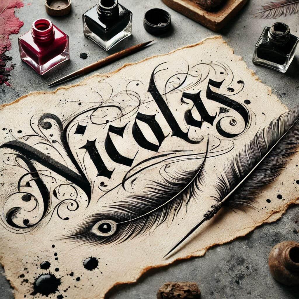 Le prenom nicolas ecrit joliment en calligraphie sur un papier