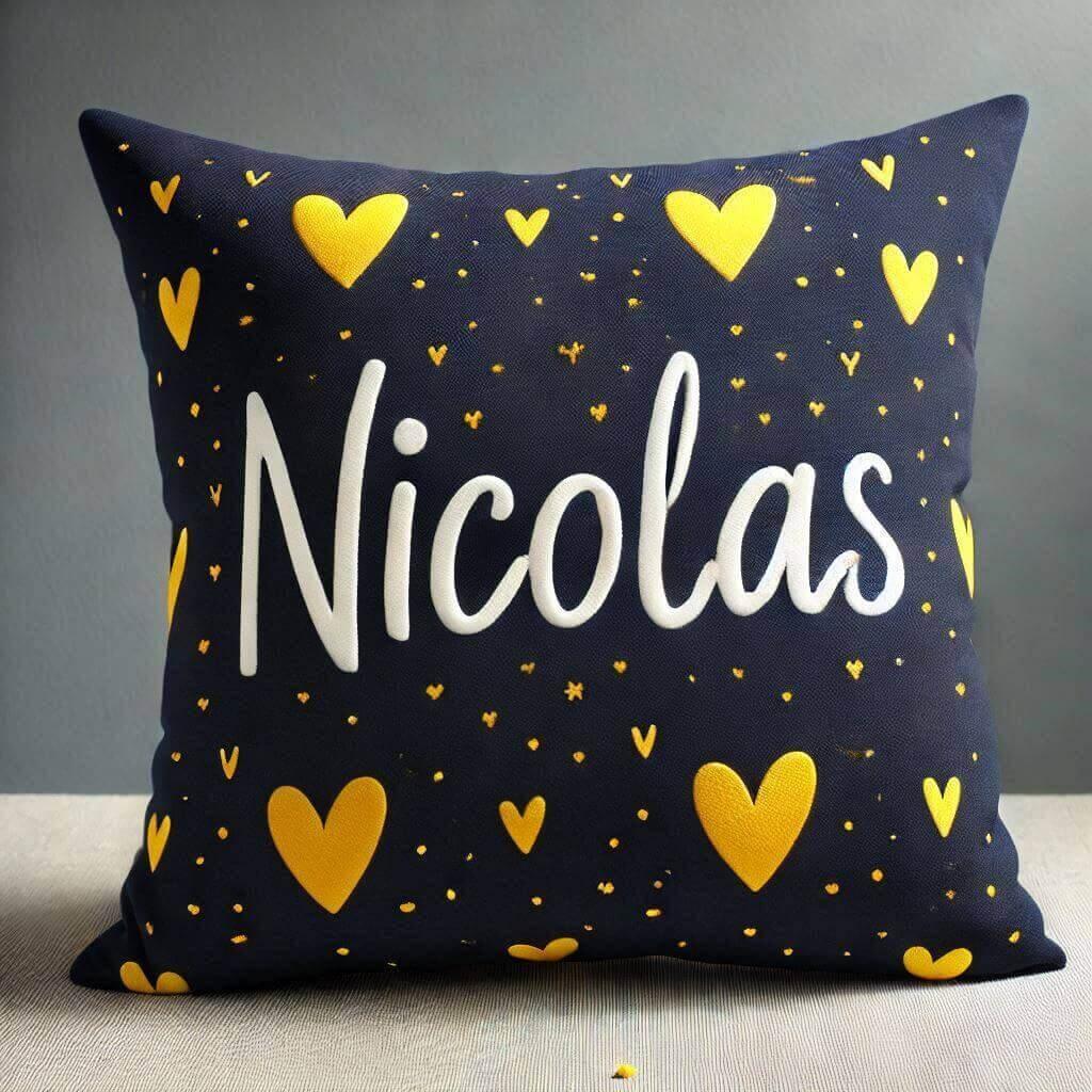 Le prenom nicolas sur un coussin bleu nuit avec des coeurs jaunes 1 1