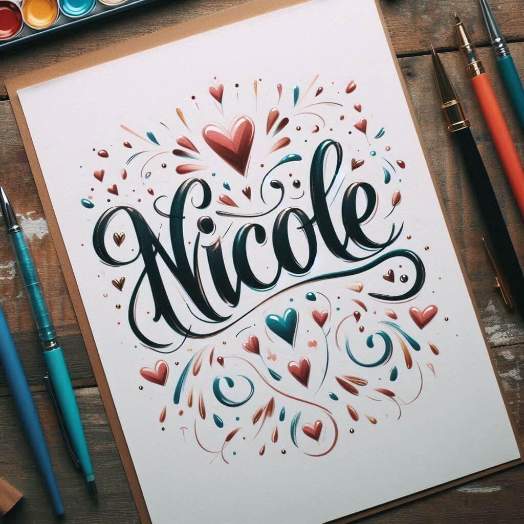 Le prenom nicole ecrit en calligraphie sur un papier avec des coeurs dessines en couleurs 1 1