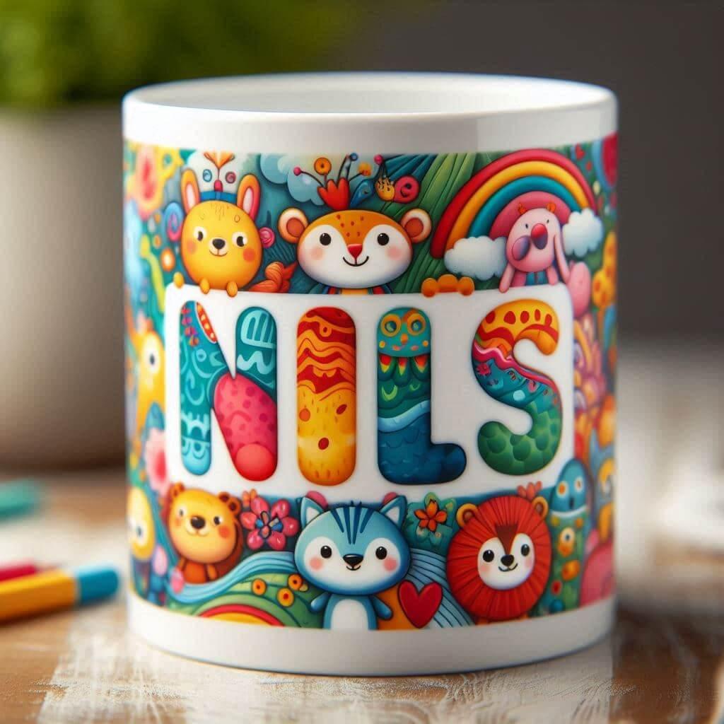 Le prenom nils ecrit sur un mug pour enfant 1