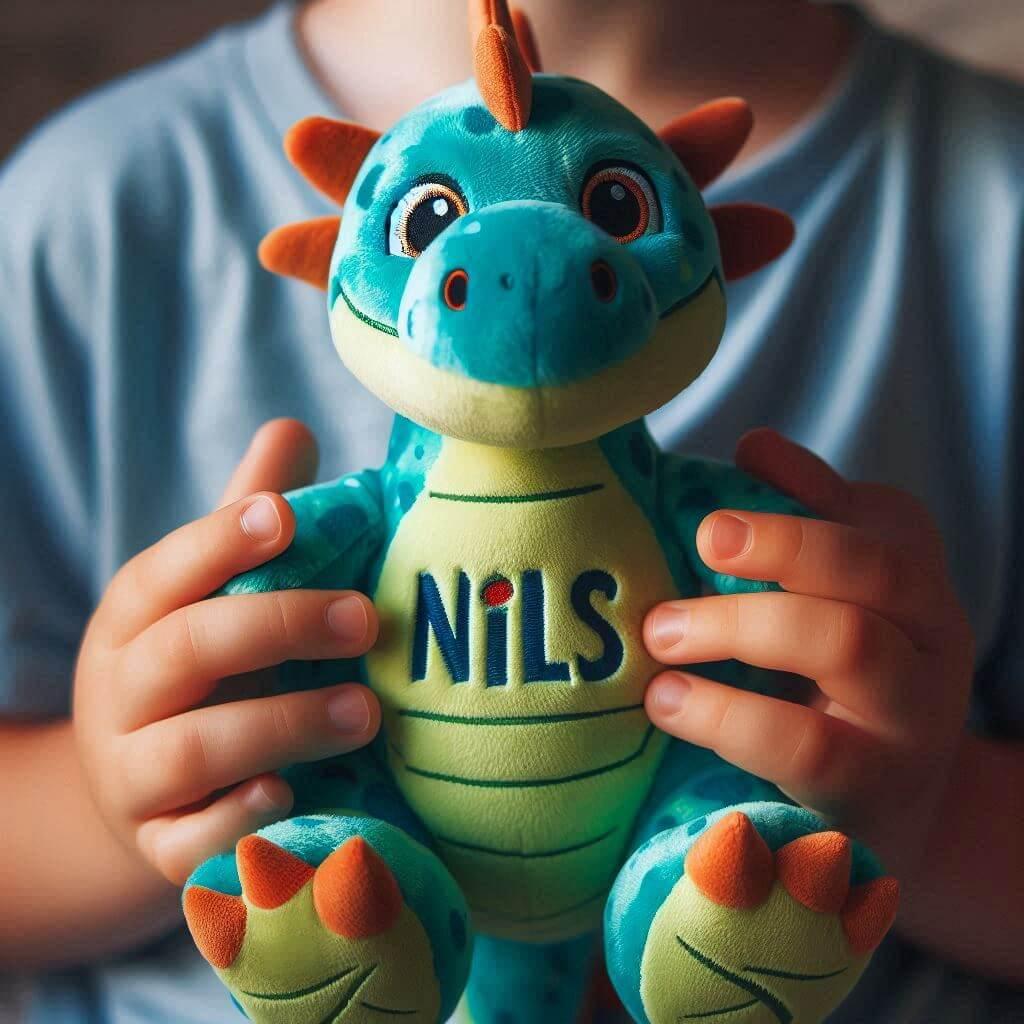 Le prenom nils sur une peluche dinosaure dans les mains d une petit garcon 1