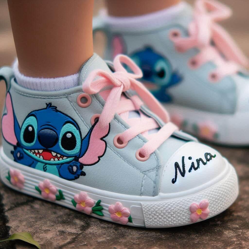 Le prenom nina ecrit sur des baskets de fille theme stitch porte par une petite fille 1