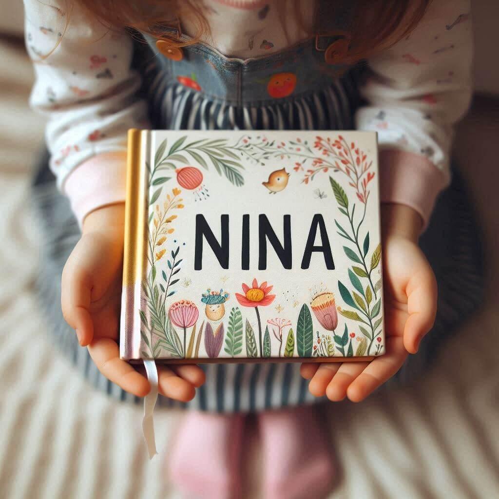 Le prenom nina ecrit sur un livre pour enfant tenu dans les mains d une petite fille 1