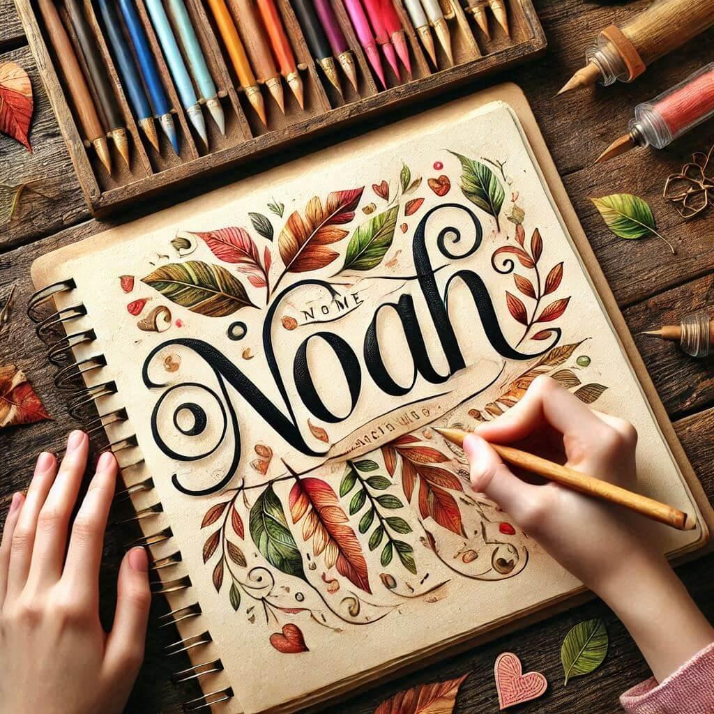 Le prenom noah ecrit joliment en calligraphie sur un ancien carnet avec des feuilles et des coeurs de toutes les couleurs dessines image realiste avec les mains dune femme 1 1