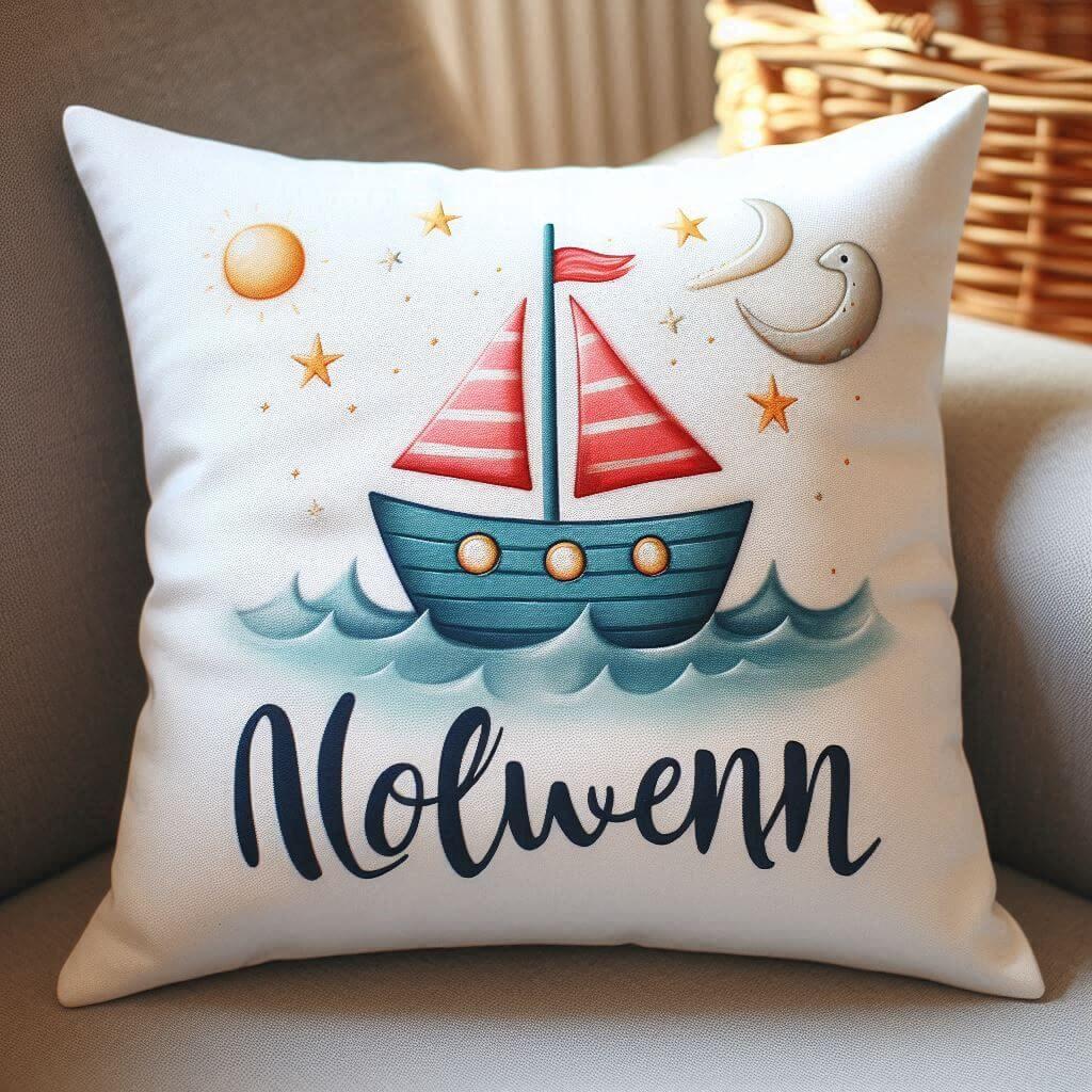 Le prenom nolwenn ecrit joliment calligraphie sur un coussin pour enfant avec un theme de bateau et detoiles 2