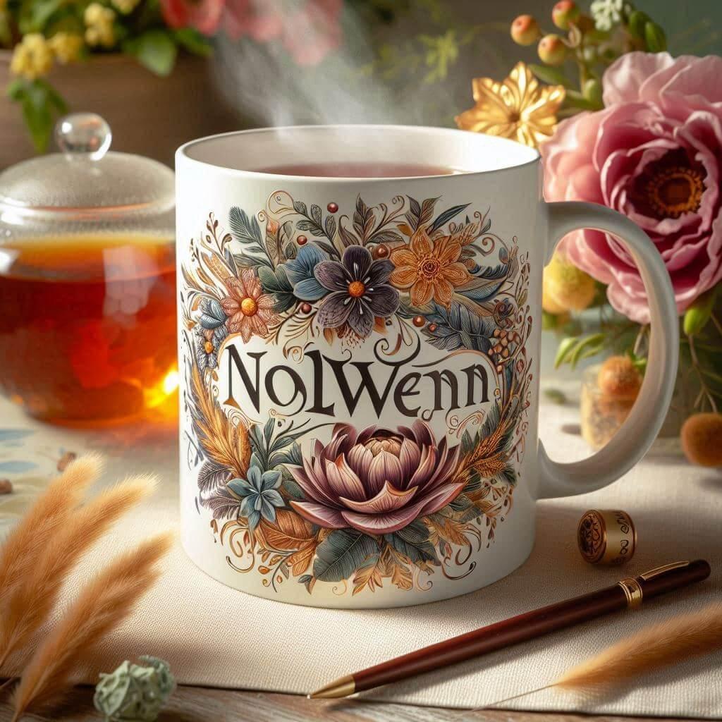 Le prenom nolwenn ecrit joliment calligraphie sur un mug 1