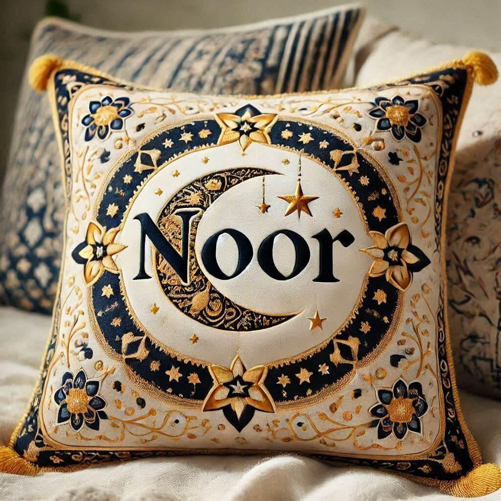 Le prenom noor ecrit sur un coussin couleur or et beige et bleu nuit motifs des etoiles et des lunes style oriental