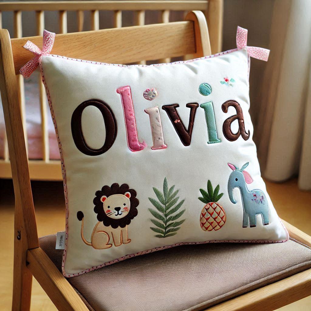 Le prenom olivia sur un coussin d enfant avec des motifs animaux pose sur une chaise