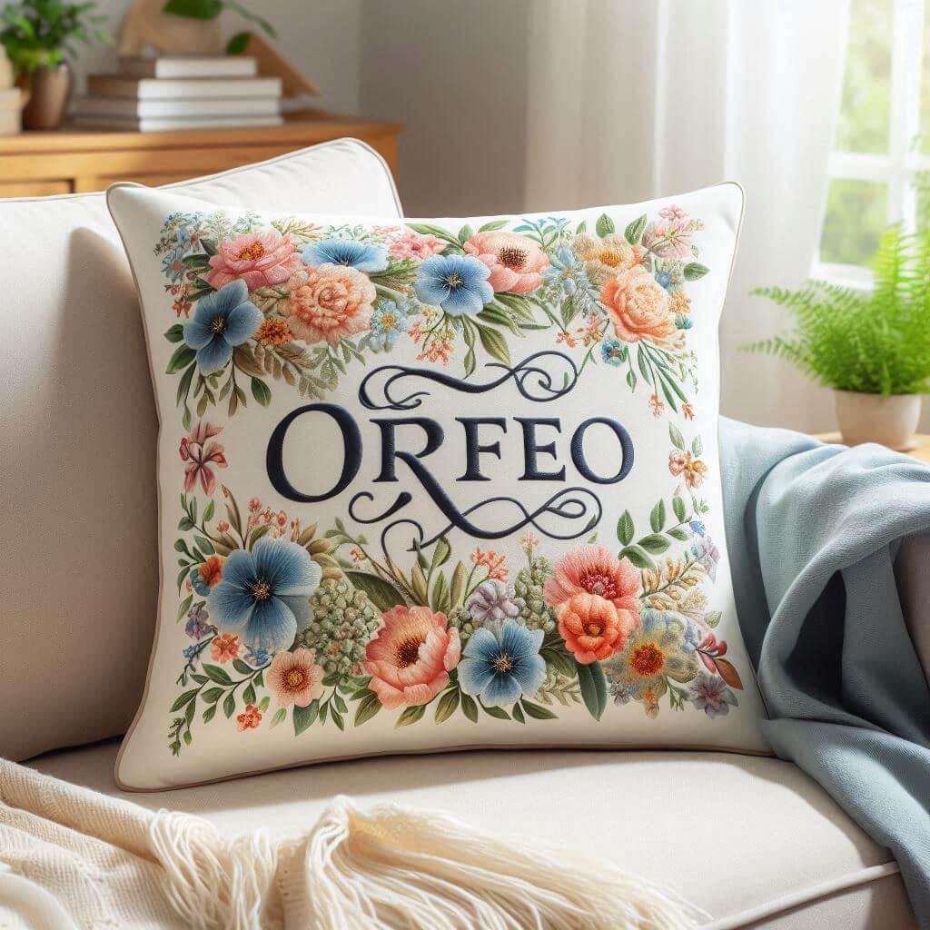 Le prenom orfeo sur un coussin personnalise fleuri