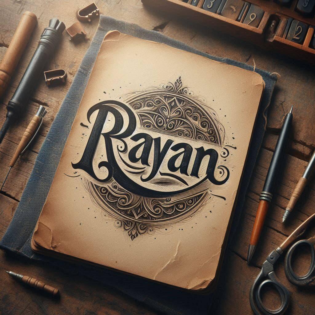 Le prenom rayan ecrit joliment facon calligraphie sur un carnet ancien