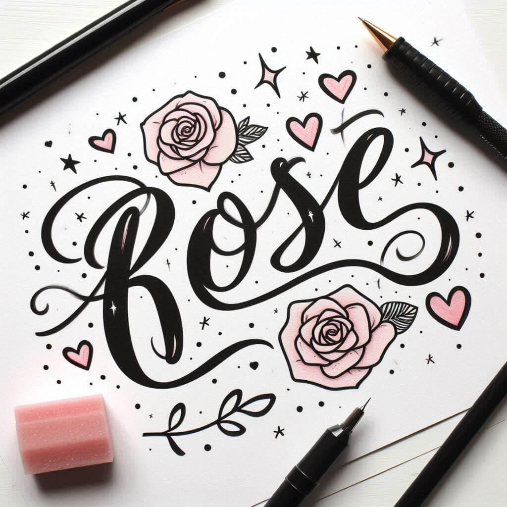 Le prenom rose ecrit joliment en calligraphie avec des coeurs et des etoiles dessines 2