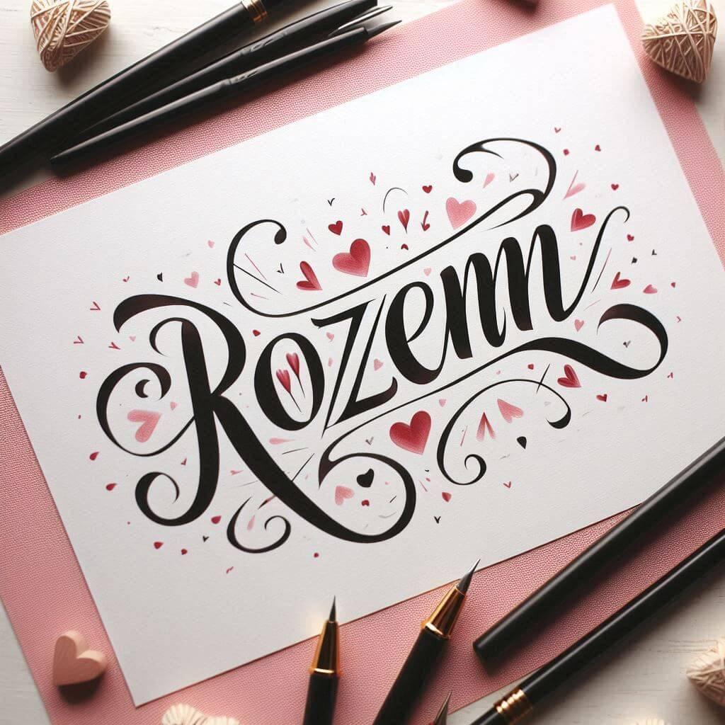 Le prenom rozenn ecrit tres joliment en calligraphie sur un papier avec des coeurs 1